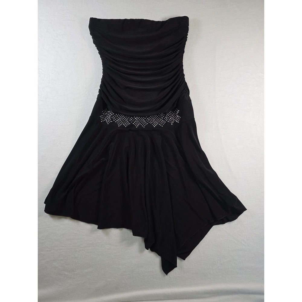 Vintage Y2K Strapless Dress Ruched Studded Handkerchief Hem Large Black